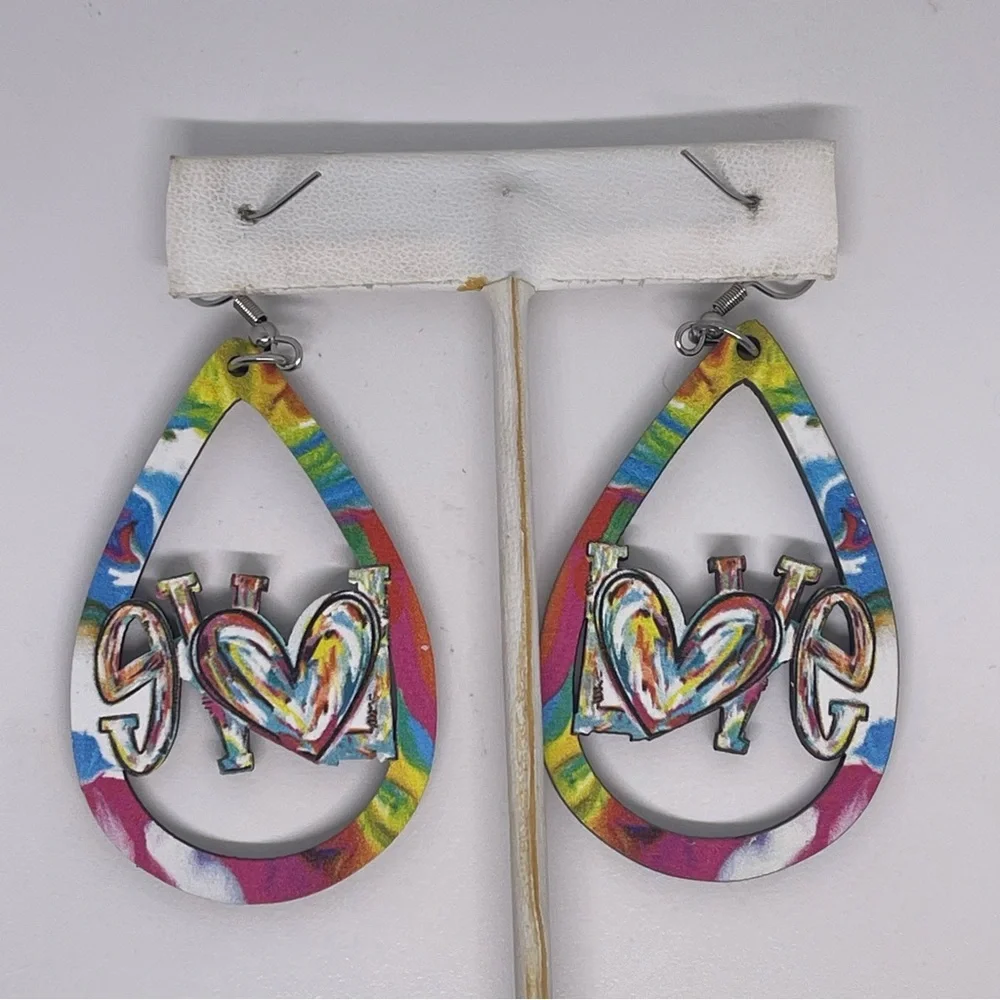Colorful wooden painted Love Teardrop Earrings